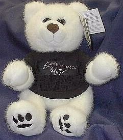 White Mustang teddy bear wearing black t-shirt with embroidered Mustang logo. Item No.28968