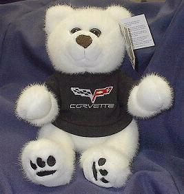 White Corvette teddy bear wearing black t-shirt with embroidered C6 logo. Item No.27781
