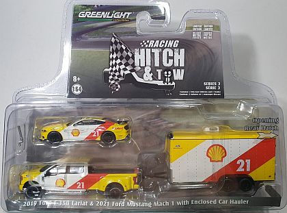 2019 SHELL Ford F-350 and 2021 Mustang SHELL Mach I and Enclosed Car Hauler • SHELL Oil 3-piece Racing set • #GL31110B • www.corvette-plus.ch