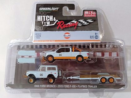 2015 Ford F-150 and 1996 Ford Bronco and Flatbed Trailer • GULF Oil Racing set • #GL51061A