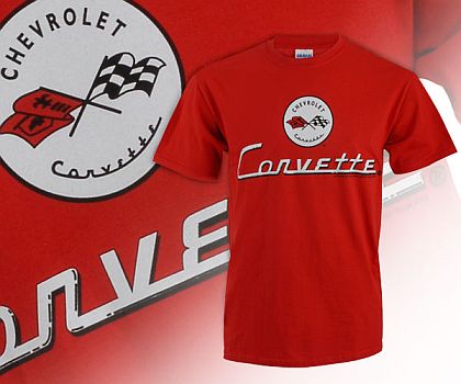 C1 Corvette Red Tee Shirt with C1 Emblem and Corvette script