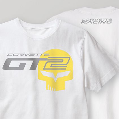 Corvette GT2 T-shirt with Bad Boy Jake skull logo • Front design • White